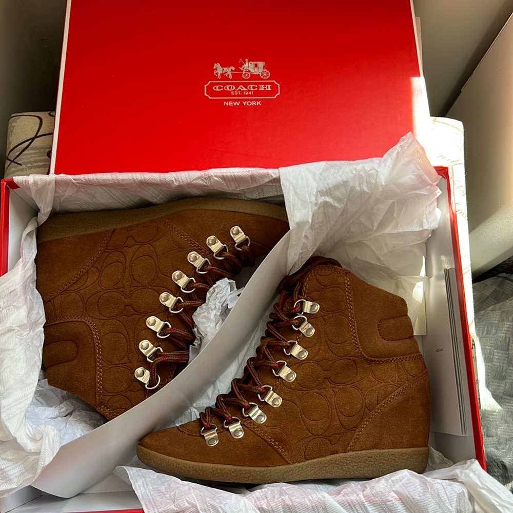 Coach, Brand new in box, never worn suede wedge sneakers